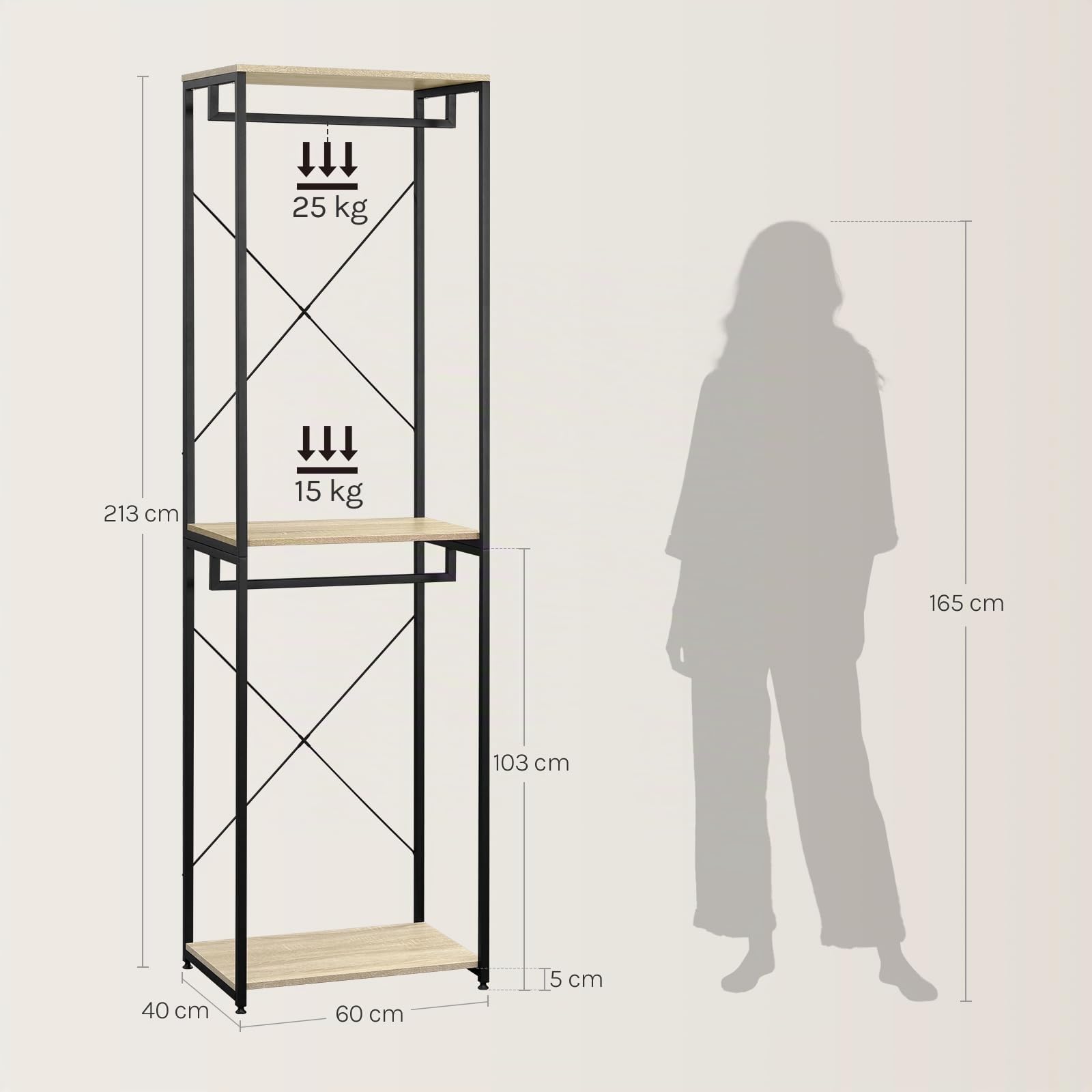 WOLTU Stand Appendiabiti in Legno Attaccapanni Guardaroba per Cameretta Scaffale Porta Abiti 60x40x213 cm
