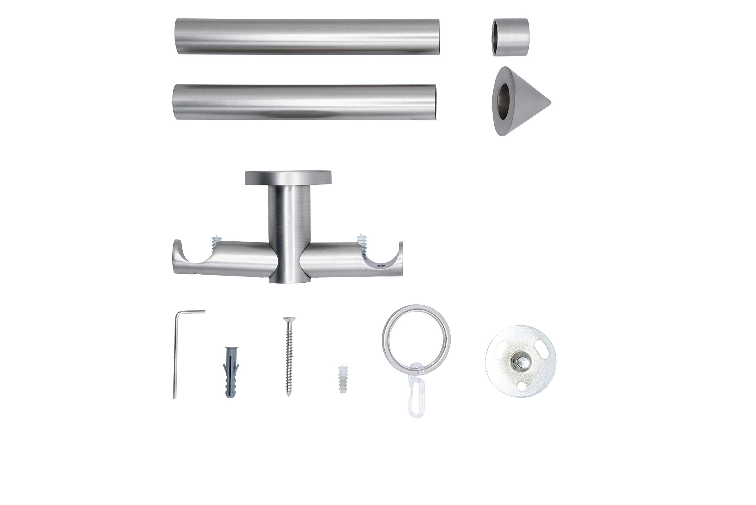 Gardinenstange auf Maß 20mm Spitze 2-lauf Vorhangstange Deckenträger 5,5cm Stilgarnitur mit Ringen für Vorhänge 140cm Edelstahl-Optik