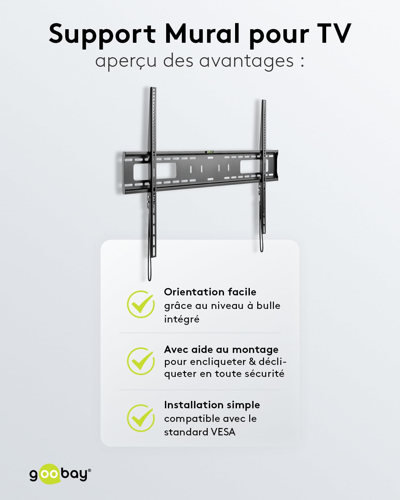 goobay Support TV Mural Fixe 43-100 Pouces 30,5 mm VESA 900x600 Charge Lourde Jusqu'à 75 kg - Pro FIXED XL - 49892