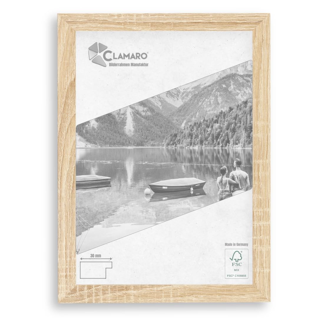 Clamaro 'Collage' Marco de Fotos 60x70 Hecho a Mano | Roble Sonoma | Moderno Marco para Cuadros de Tablero MDF con Cristal de Vidrio acrílico, Placa Trasera y Colgador (Horizontal y Vertical)