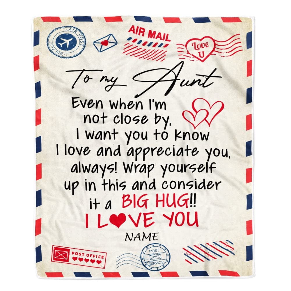 CenturyTee Personalized to My Aunt Blanket from Nephew Niece I Love You Hugs Air Mail Letter Birthday Mothers Day Christmas Thanksgiving Customized Fleece Blanket (30 x 40 in Baby Size)