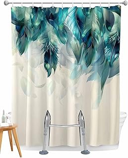Split Shower Curtain for Transfer Bench, Teal Turquoise Peacock Waterproof Fabric Shower Curtain, Peacock Feather Abstract Art Tub Sliding Transfer Bench Shower Curtains for Bathroom 72'' x 72''