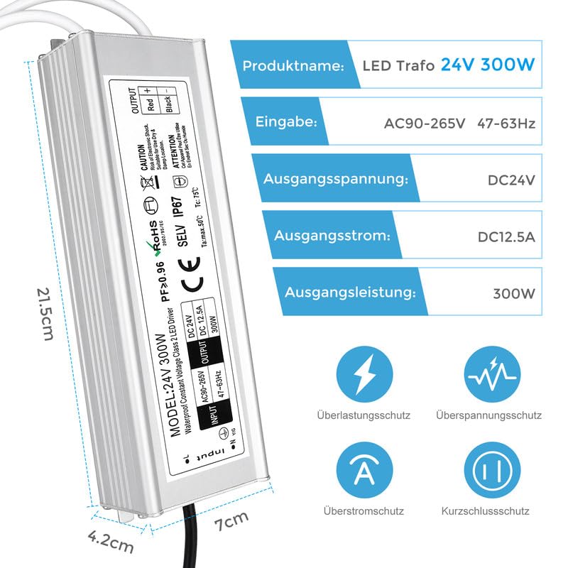Trasformatore LED 24 V 300 W IP67, trasformatore impermeabile per esterni, con spina, alimentatore a LED, driver da 230 V a DC 24 Volt, adattatore LED Driver esterno per luci LED