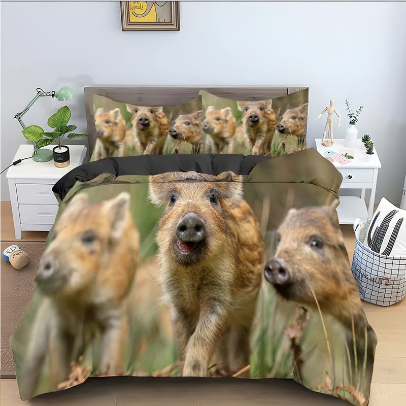 Housse de couette 220x240 cochon jaune avec 2 taies 65x65 linge de lit adulte microfibre