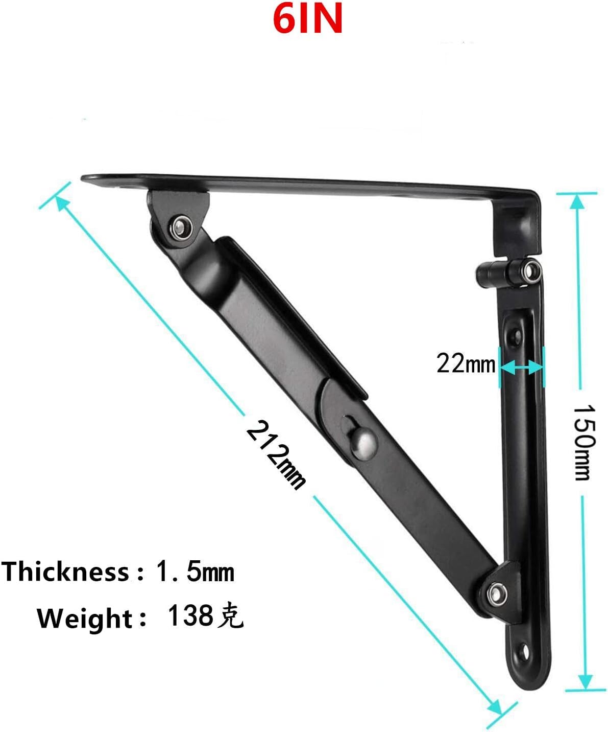 Collapsible Triangle Shelf Bracket, 6" & 8" Black Stainless Steel Wall Mount