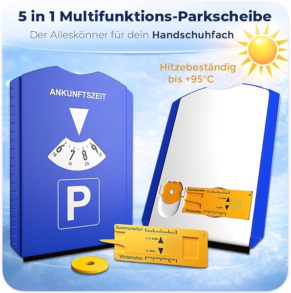 ROBBX® Parkscheibe mit Eiskratzer für Auto und Motorrad | Parkuhr inkl. Reifenprofilmesser und Einkaufswagenchip | Parkscheiben | Parking Disc - 2