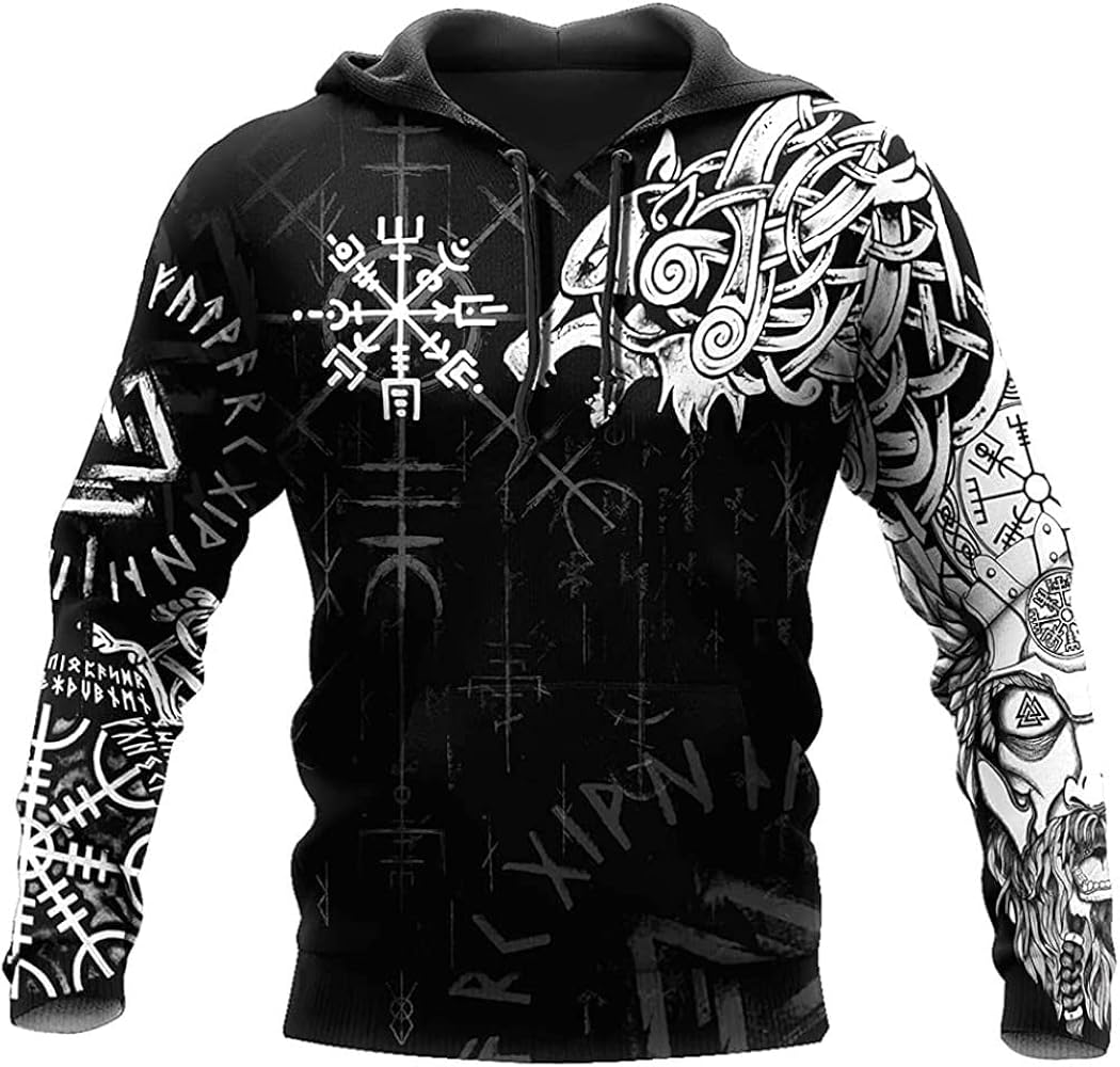 Nordic Viking Fenrir Wolf Hoodies For Men Novelty Zip Up Hoodies Pullover  Norse Vegvisir Tattoo 3D Hoodies Sweatshirt (Color : Hoodie, Size : Medium)  ...