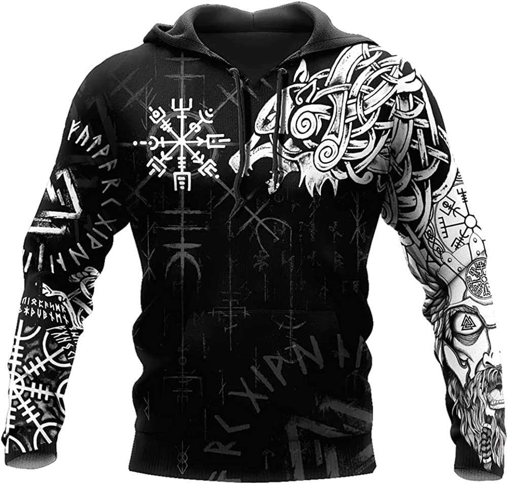 Viking Wolf Hoodie For Men - Nordic Fenrir Wolf Tattoo Graphic Zip-Up Pullover With Vegvisir Rune, Vintage Style Sweatshirt - View #10