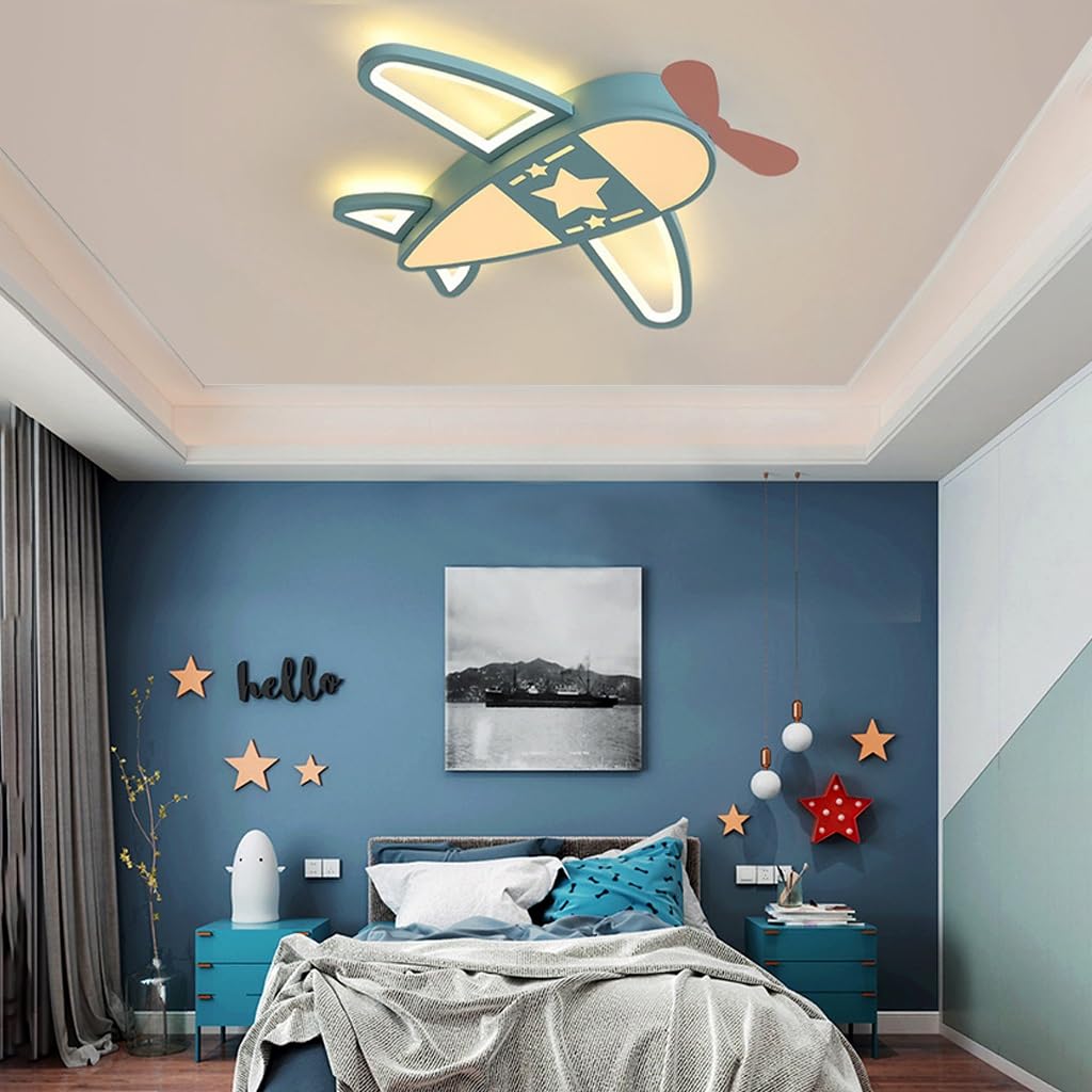 Lampadario Led Soffitto Camerette Bambini Plafoniera LED Aeroplano Dimmerabile Con Telecomando 40W 3000K-6500K Plafoniera Soffitto In Acrilico Lampada Vivaio, 59cm Azzurro Cielo