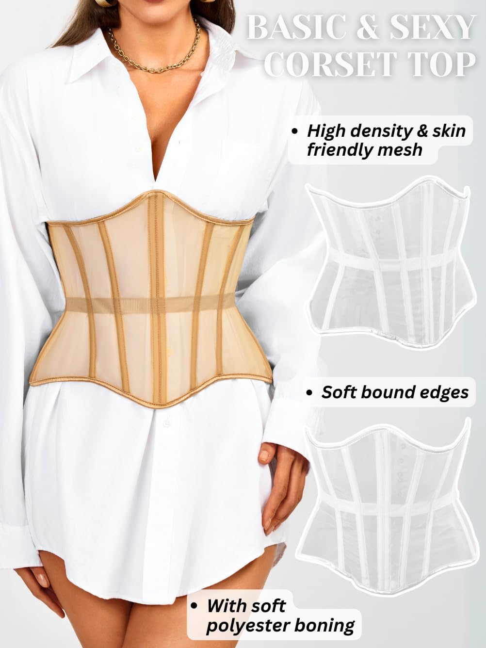 Underbust Corset Belt for Women, Mesh Lace-Up Boned Waist Cincher, Shapewear for Weddings & Going Out - Image 2