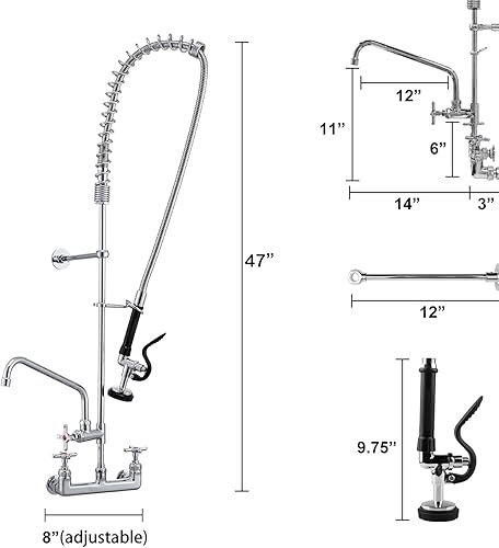 Miniatura 8 de Grifo comercial de 47 pulgadas con rociador para fregadero medianogrande, grifo de fregadero de cocina cromado de latón con centro de 8 pulgadas con
