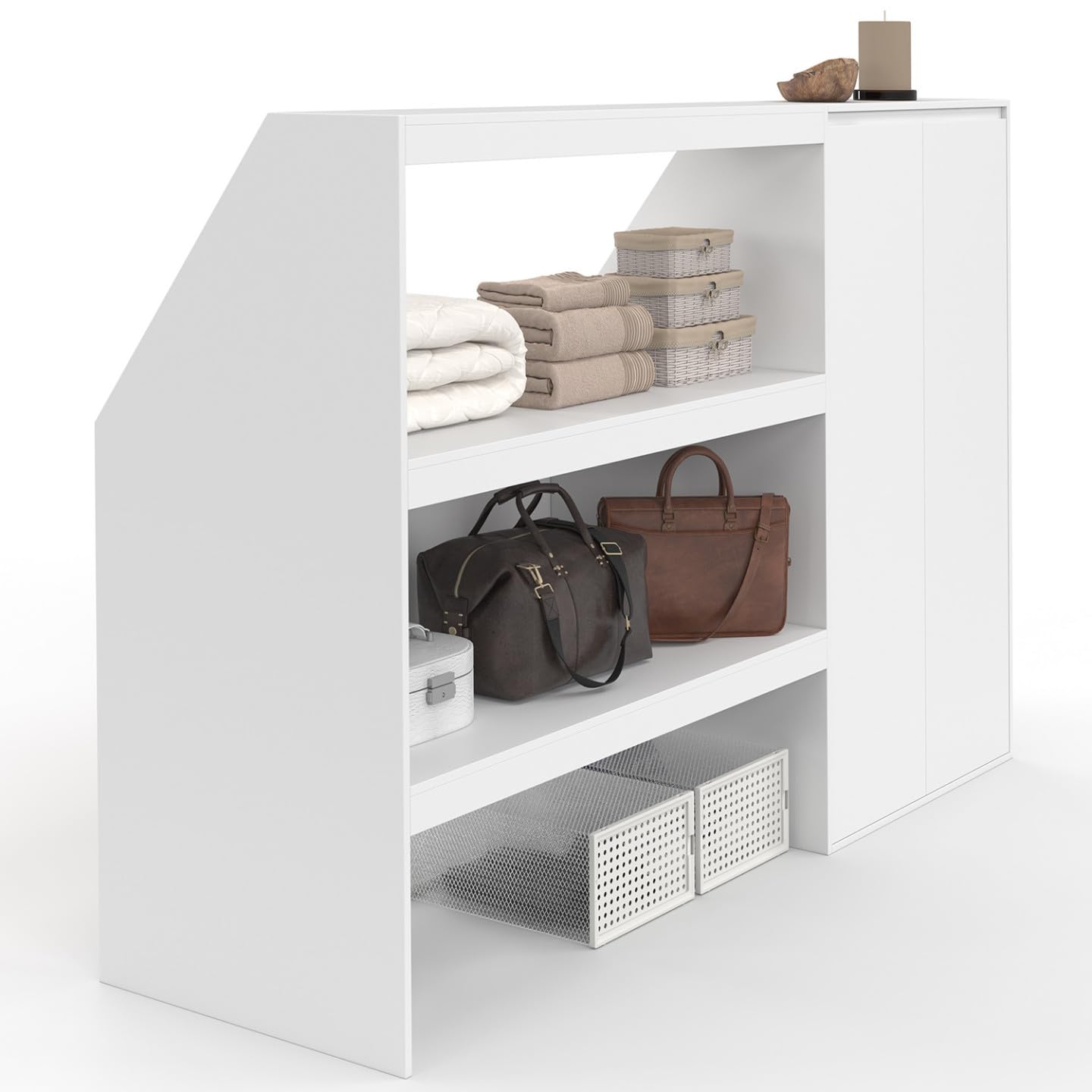 IDMarket - 2-Ebenen-Regal + 2-türiger Schrank unter Dachschräge TOMI weiß