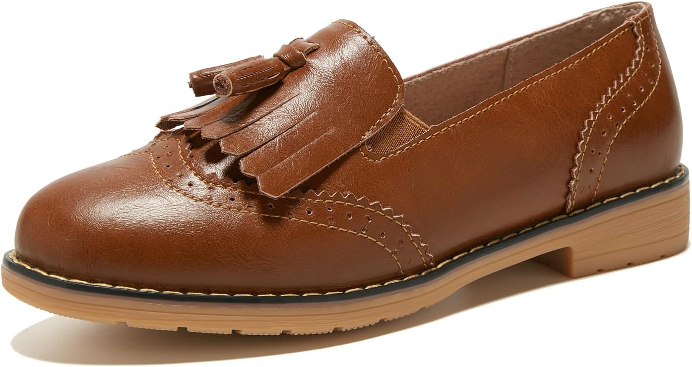 TRULAND Women’s Leather Penny Loafers – Slip On Wingtip Oxfords Tassel Loafers Comfortable Casual Dressy Shoes for Office Work