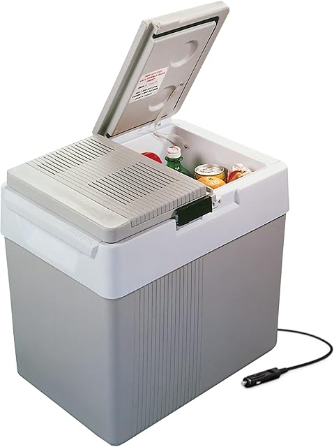 Koolatron Thermoelectric Iceless 12V Cool Box, 31L Electric Portable Cooler/Warmer Car Refrigerator Fridge, DC Power Cord, Dual Opening, Grey/White, Travel Camping Trucking, Made in North America