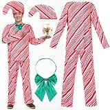 Landhoow 4 Pcs Christmas Candy Cane Costume Set for Men Adult Christmas Cosplay Candy Cane Outfit Red and White Striped Top Pants Hat Neck Tie (Large)