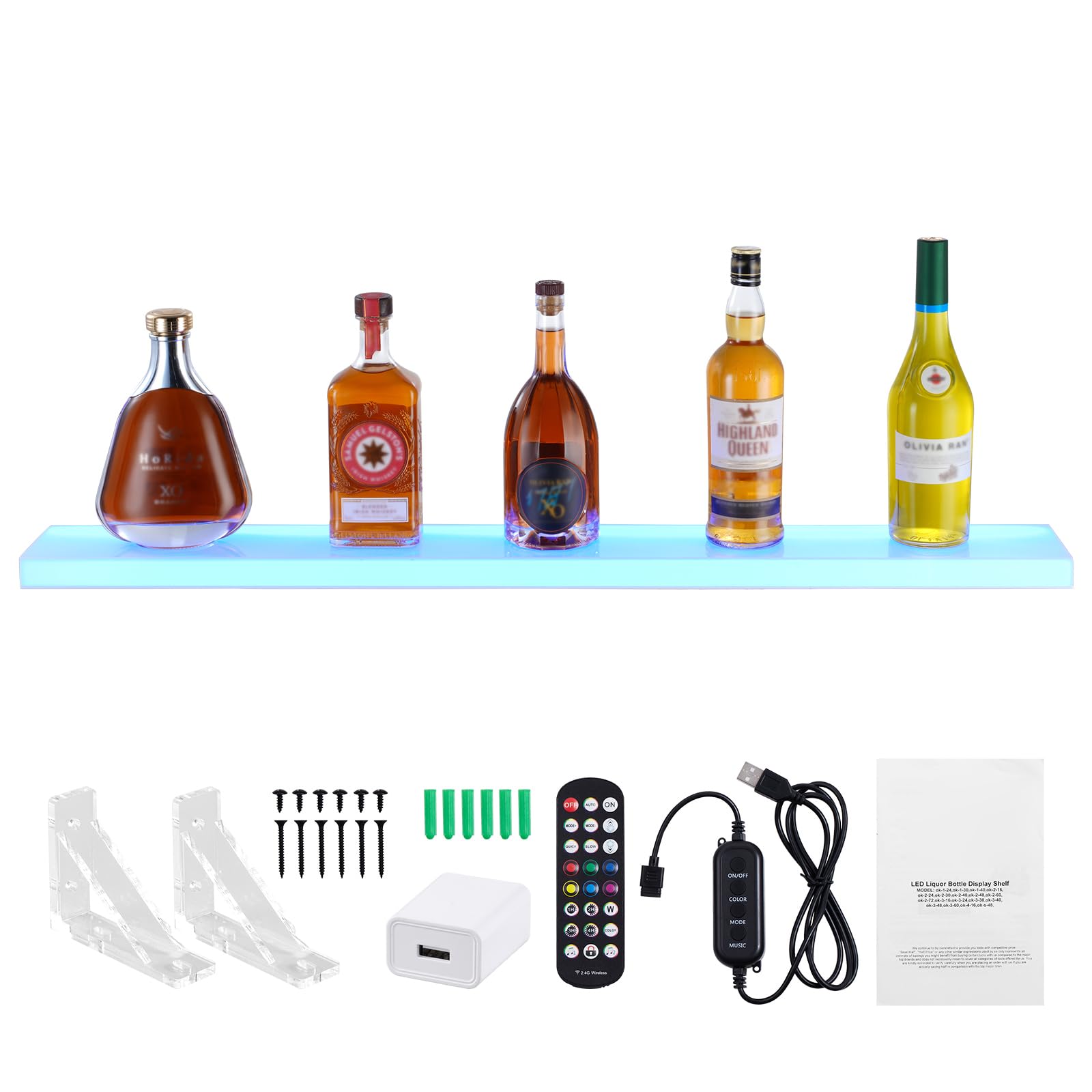 Happybuy LED Lighted Liquor Bottle Display,1 Tier 40 Inch Wall Mounted Whiskey Rack Stand,1 Step Commercial Illuminated Home Bar Shelf, Acrylic Drinks Lighting Shelves with RF Remote & App Control
