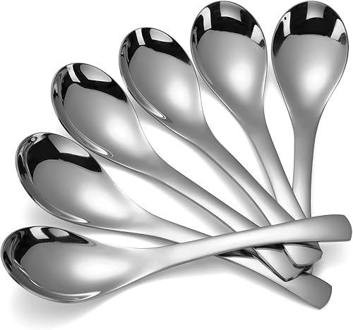 Cucharas de sopa asiáticas de acero inoxidable, juego de 6 cucharas de mesa redondas de peso pesado espejo pulido plateado