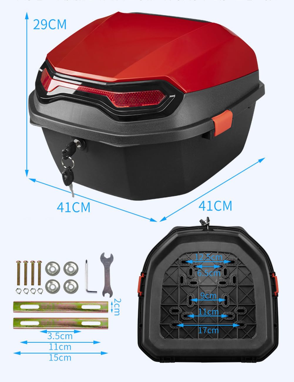 Moto ABS Top Box, Universal Scooter/Moto Equipaje Casco Almacenamiento Topcase, Con Reflector Y Herrajes De Montaje,Negro,41x41x29cm
