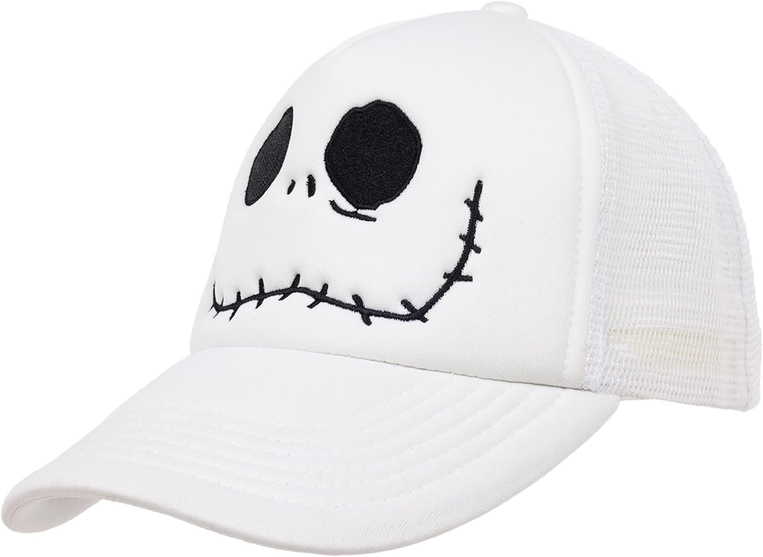 Nightmare Before Christmas Boys Baseball Hat, Mesh Back Snapback, Adjustable Fit, Embroidered Jack Skellington Face, White