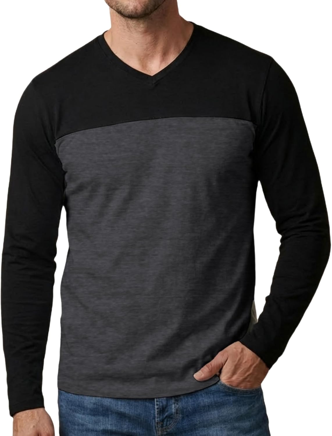 Decrum Mens Long Sleeve Tee Shirts - Casual Fashion Color Block Mens V Neck T-Shirts