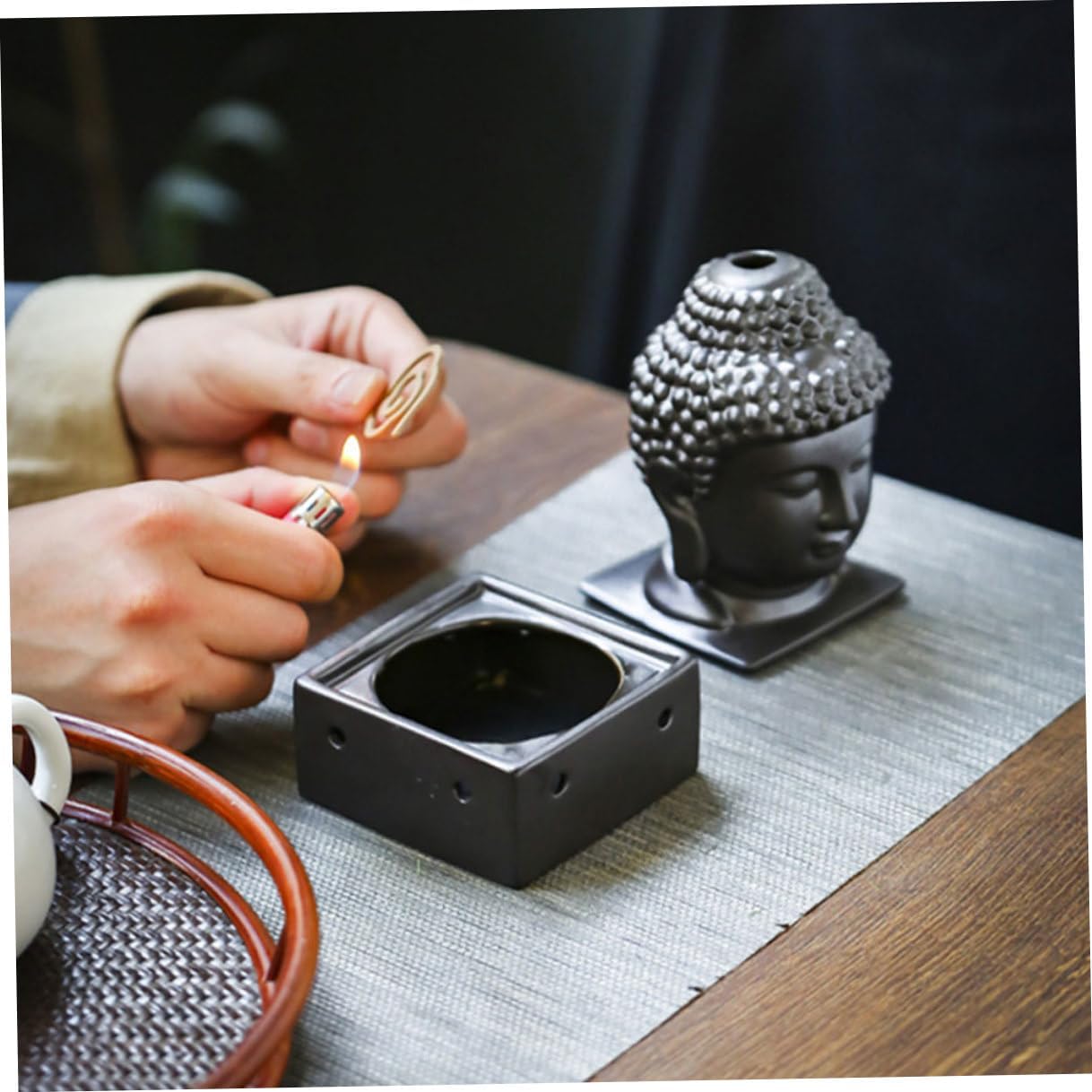 Buddha Shape Incense Holder Ceramic Incense Burning Holder Indoor Decorative Censer Base for Home Meditation and Aromatherapy Black