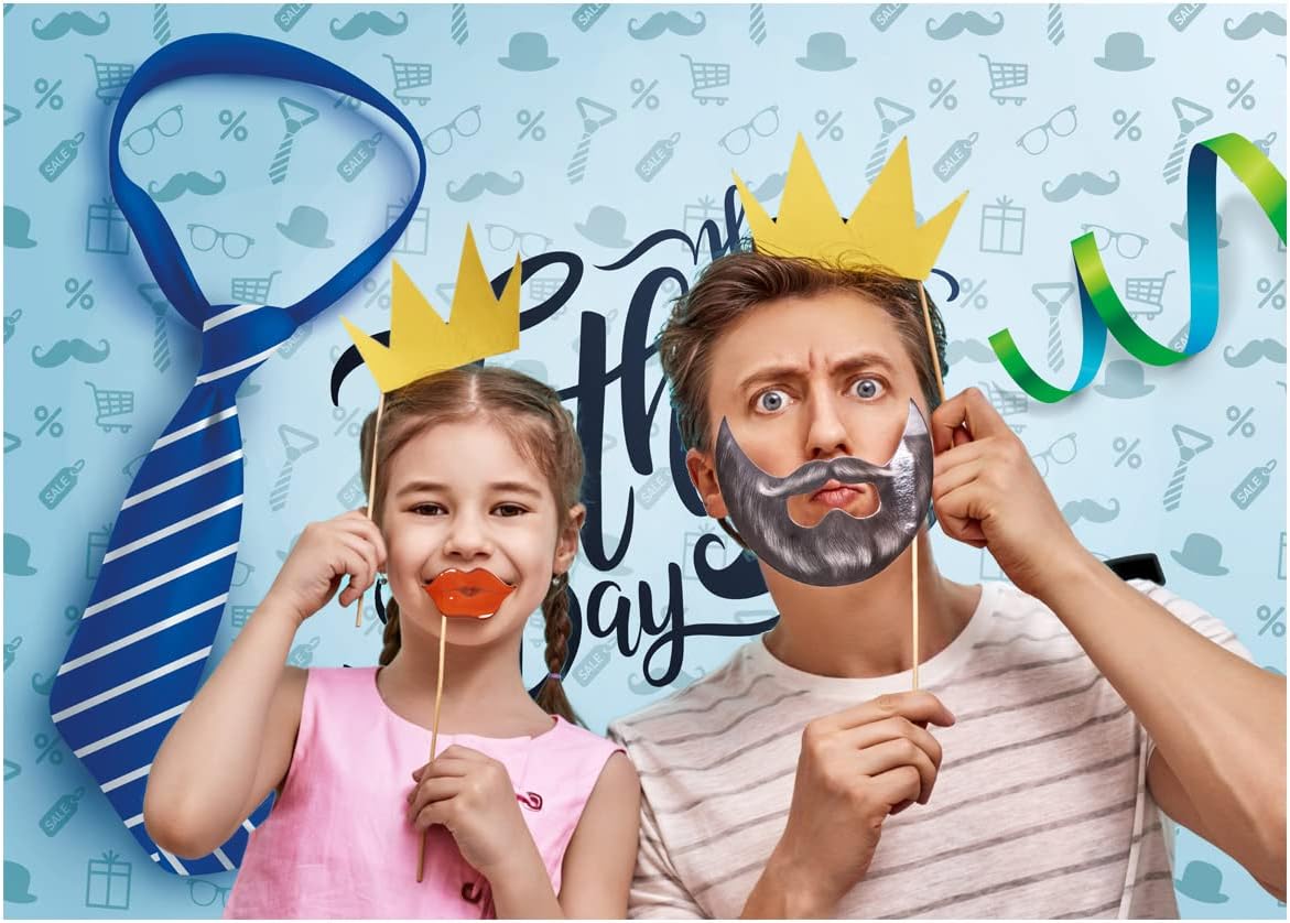 10X8FT Happy Father's Day Backdrop Necktie and Glasses Blue Backdrops Photo Studio Prop Backdrop Father's Day Party Supplies Decorations Banner Photography Background DH-404