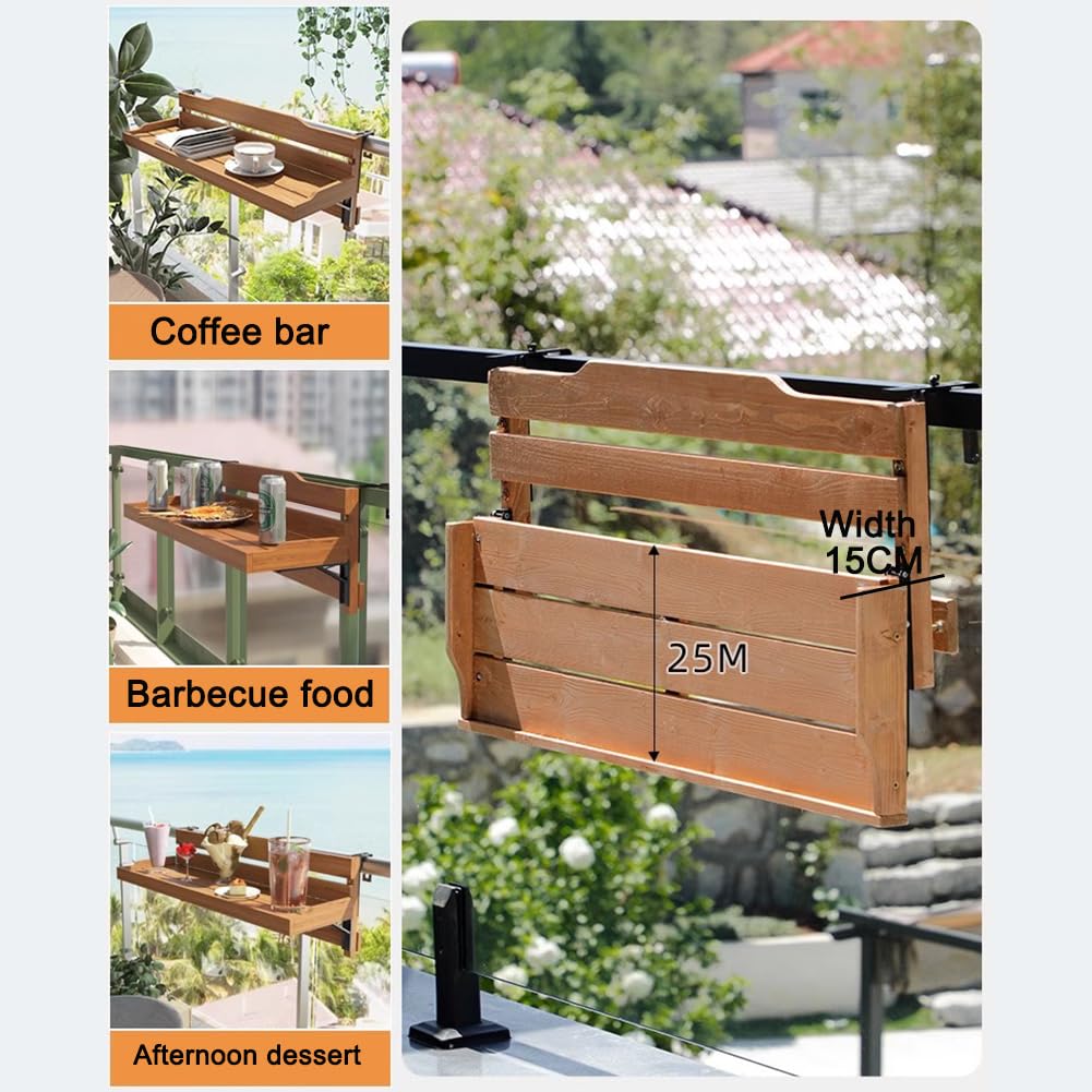 Tavolino da balcone in legno, regolabile e pieghevole, 60 cm, color caramello, forte capacità di carico, ideale per barbecue da giardino, adatto per balconi e ringhiere da giardino