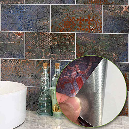 Hiser Kitchen Bathroom Wall Tile Stickers, 20 * 10cm DIY Rectangle Decals Vintage Royal Rusty Gold Sticker for Kitchen Living Room Bathroom Home Decor Self-Adhesive (Iron rusty pattern,27pcs)