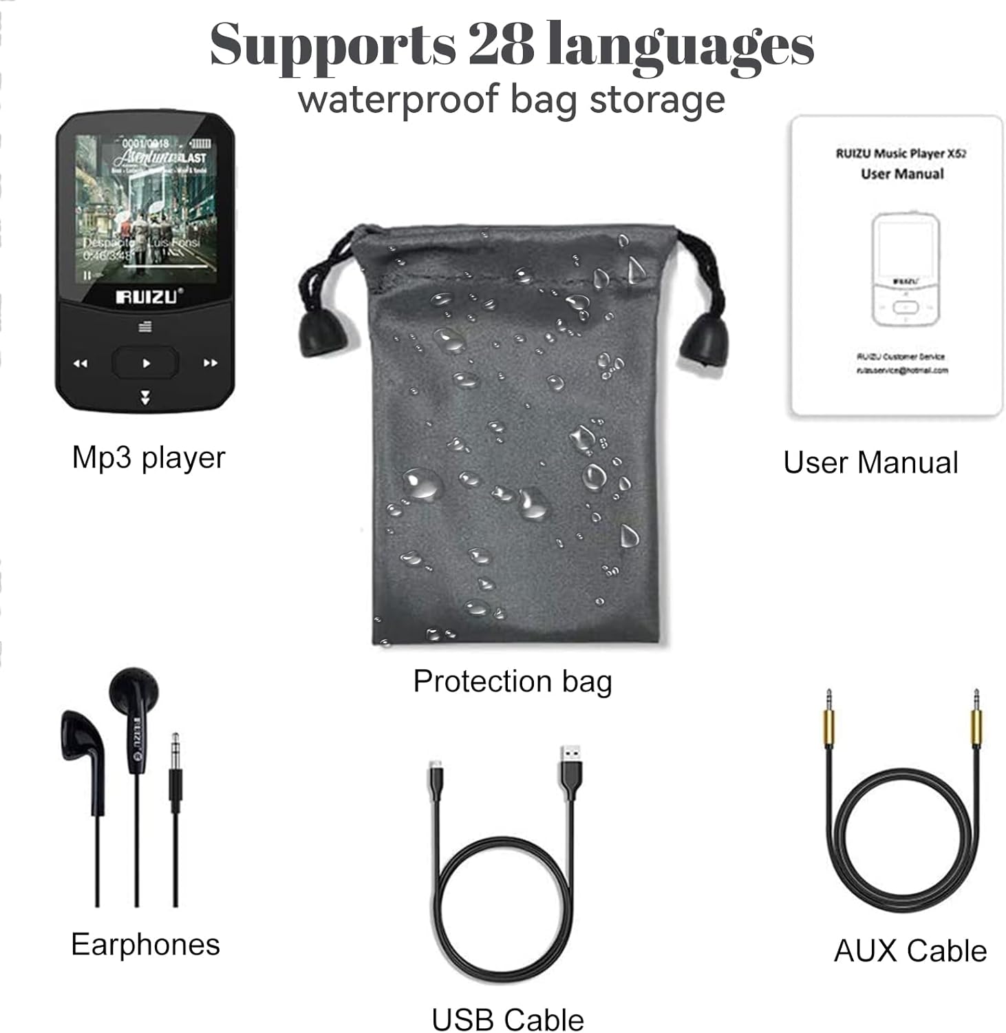 Contents of the RUIZU X52 MP3 Player package