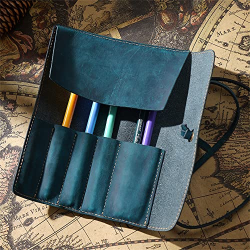 Image of Vintage Genuine Leather Pencil Roll - Pencil Storage Case /Pouch Organizer Handmade (Blue)