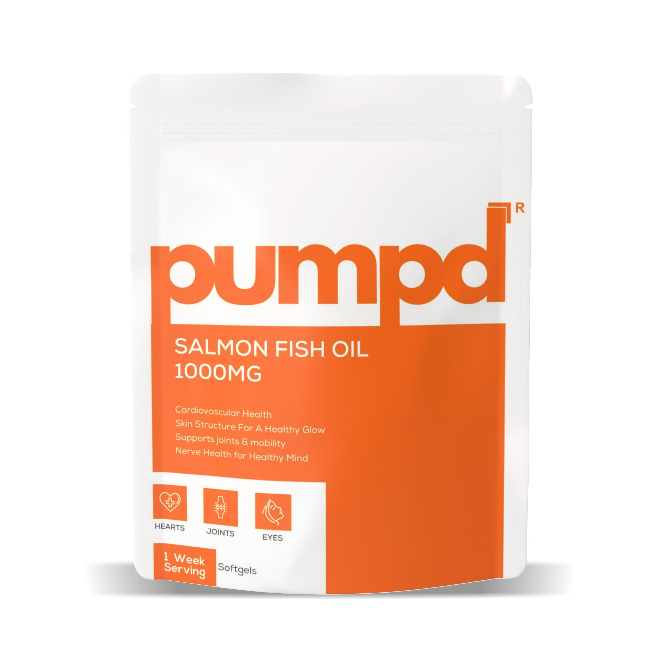 Pumpd Salmon Fish Oil 1000mg | Omega-3 EPA & DHA Softgels for Heart, Joint & Eye Health | Supports Skin Glow, Mobility & Brain Function | 1 Week Pack | Health Supplement for Men & Women