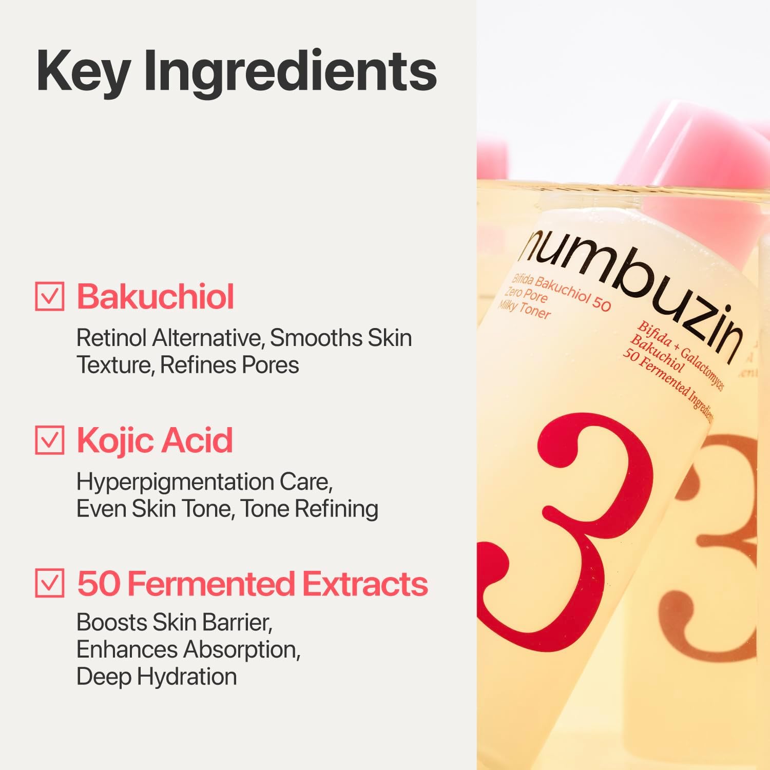 numbuzin No.3 Bifida Bakuchiol 50 Ferments Milky Toner – Hydrating Toner for Pores, Uneven Texture & Dark Spots, Barrier Boosting with Kojic Acid, for Sensitive Skin, 6.76 fl oz