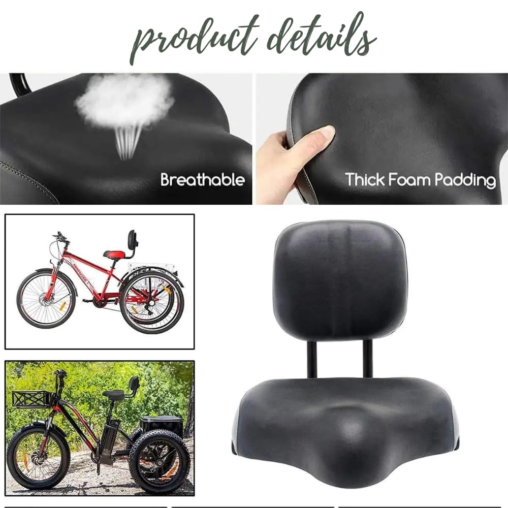 Selle De Vélo Avec Dossier Rembourrée - Large, Confortable, Universelle - Pour VTT, Vélo électrique, Tricycle - Noir - 2