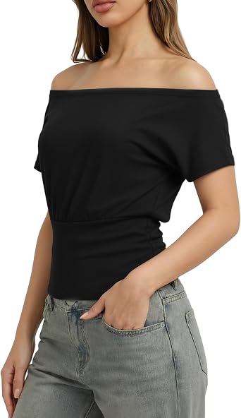 ALGALAROUND Women Tops Off The Shoulder Summer Short Sleeve Shirts Asymmetrical One Shoulder T Shirt Casual Boat Neck Tees Black