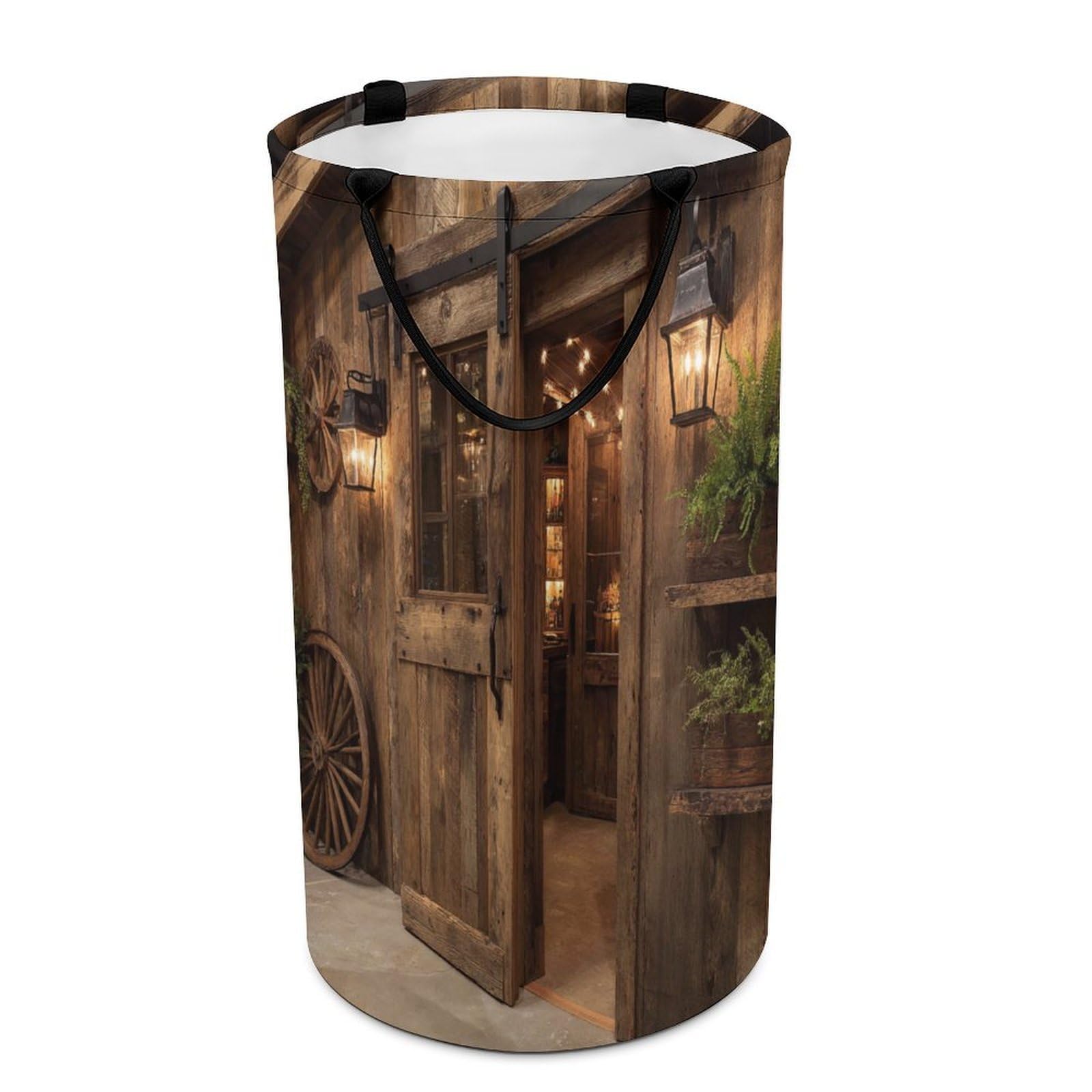 LUYYSKY Rustic Realistic Barn Door Collapsible Dirty Clothes Basket, Vintage Western Farmhouse Log Cabin Door Wheel Pattern Portable Clothes Storage Basket