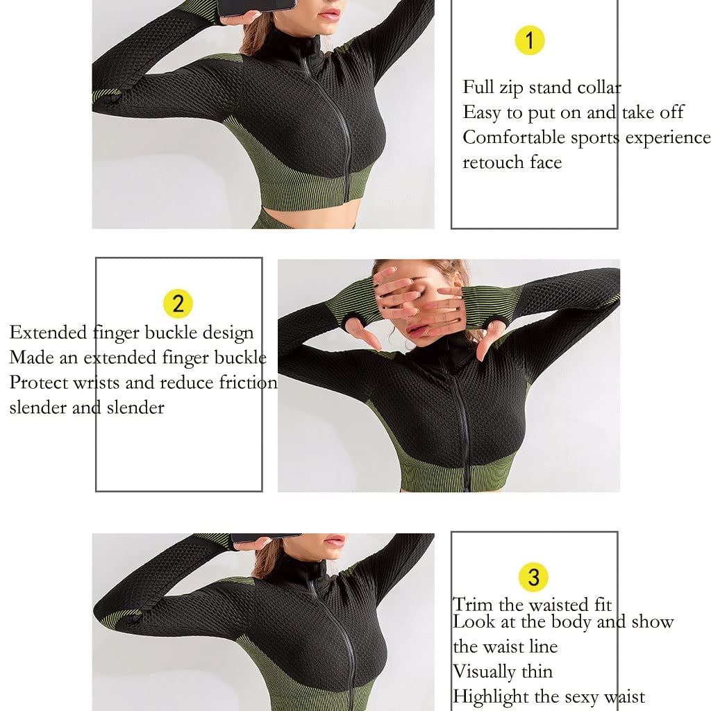 HSQMA Chemise D'entraînement À Manches Longues sans Couture pour Femme Athletic Top avec Trou pour Le Pouce，Course À Pied T-Shirt À Manches Longues Fermeture Éclair Sport Yoga Chemise