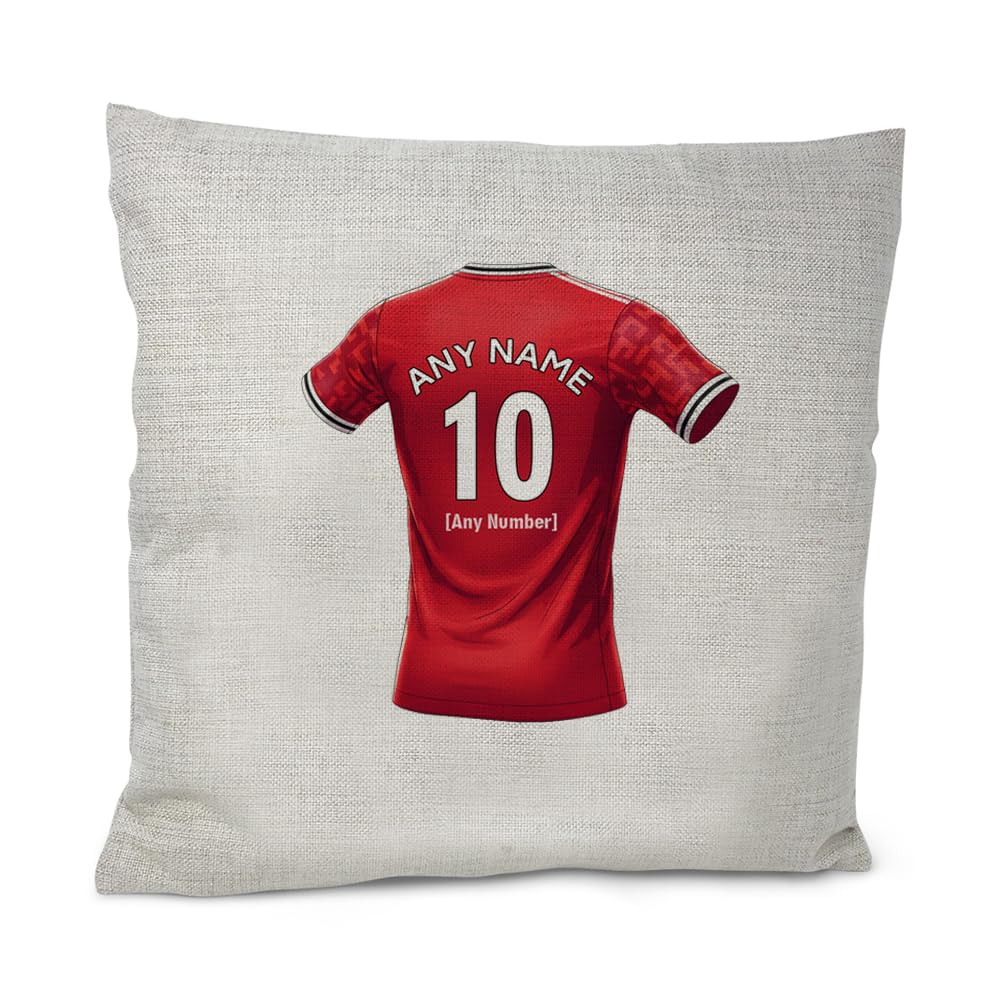 UNIGIFT Personalised Gift - United Fan 40x40 cm Cushion Cover Premium Linen Look (Red Football Jersey Design) Custom Name Sofa Pillow Case - Manchester