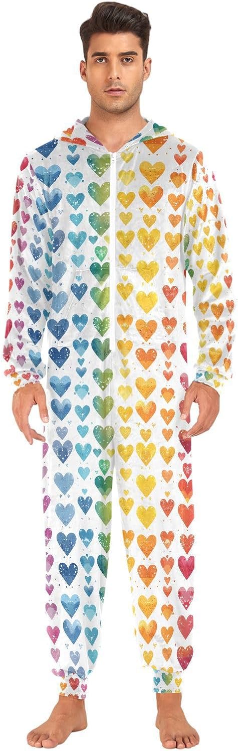 Rainbow Gradient Heart Adult Onesie Pajamas Novelty One Piece Costume Sleepwear Jumpsuits Matching PJS