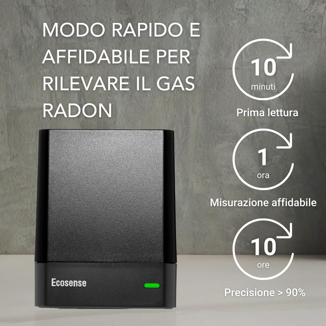 Ecosense EcoQube, Rilevatore Digitale di Radon, Rilevamento Rapido delle Variazioni, Monitoraggio Continuo Termine con Grafici di Tendenza, Accesso Remoto ai Dati, Wi-Fi 2,4 GHz Solo Reti.