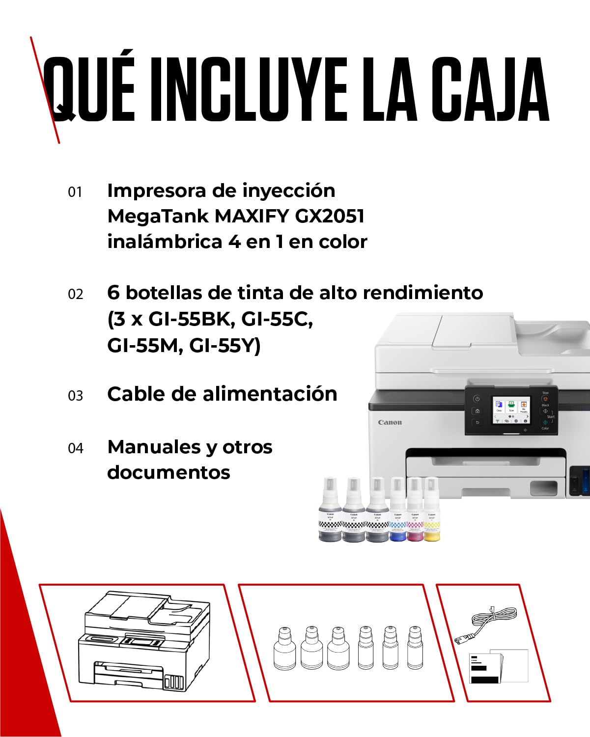 Canon MAXIFY GX2051 – Impresora MegaTank a Color, Copiadora, Escáner y Fax A4 | Hogar y Oficina | Conexión Wi-Fi, Ethernet y USB | Inyección de Tinta | Incluye 6 Botellas de Tinta