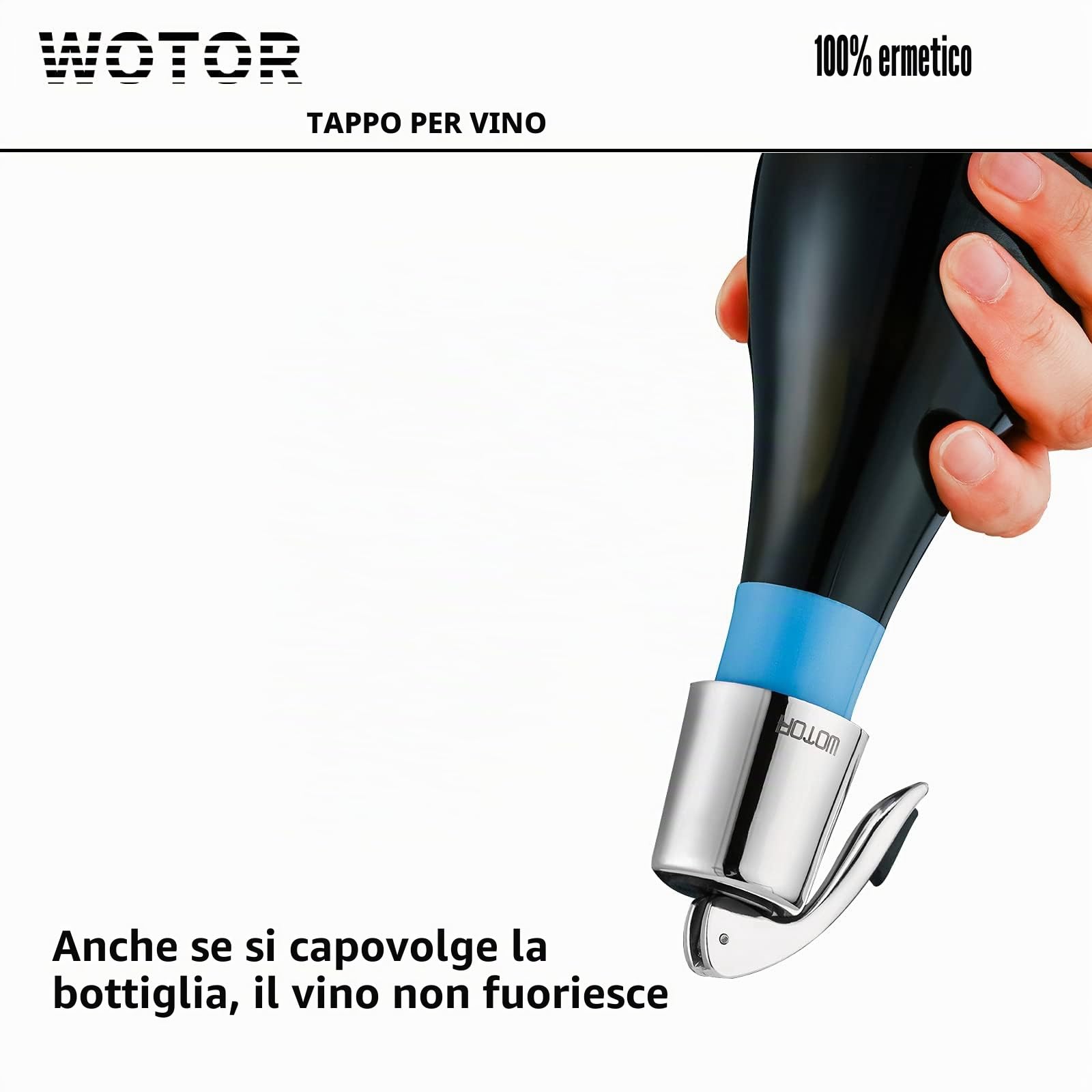 WOTOR Tappi bottiglie vino in acciaio inox, Tappo per vino con guarnizione in silicone, riutilizzabile accessori vino, a prova di perdite, per mantenere il vino fresco, confezione da 6 (argento)