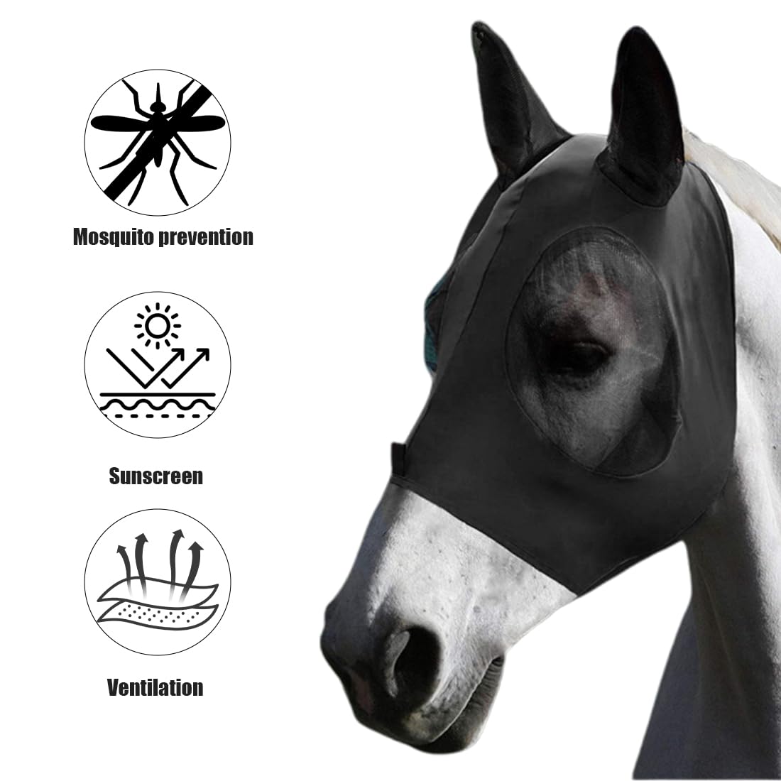 Maschere protettive per cavalli Maschera antimosche per cavalli Protezione UV Protezione antizanzare con protezione per le orecchie (nero)