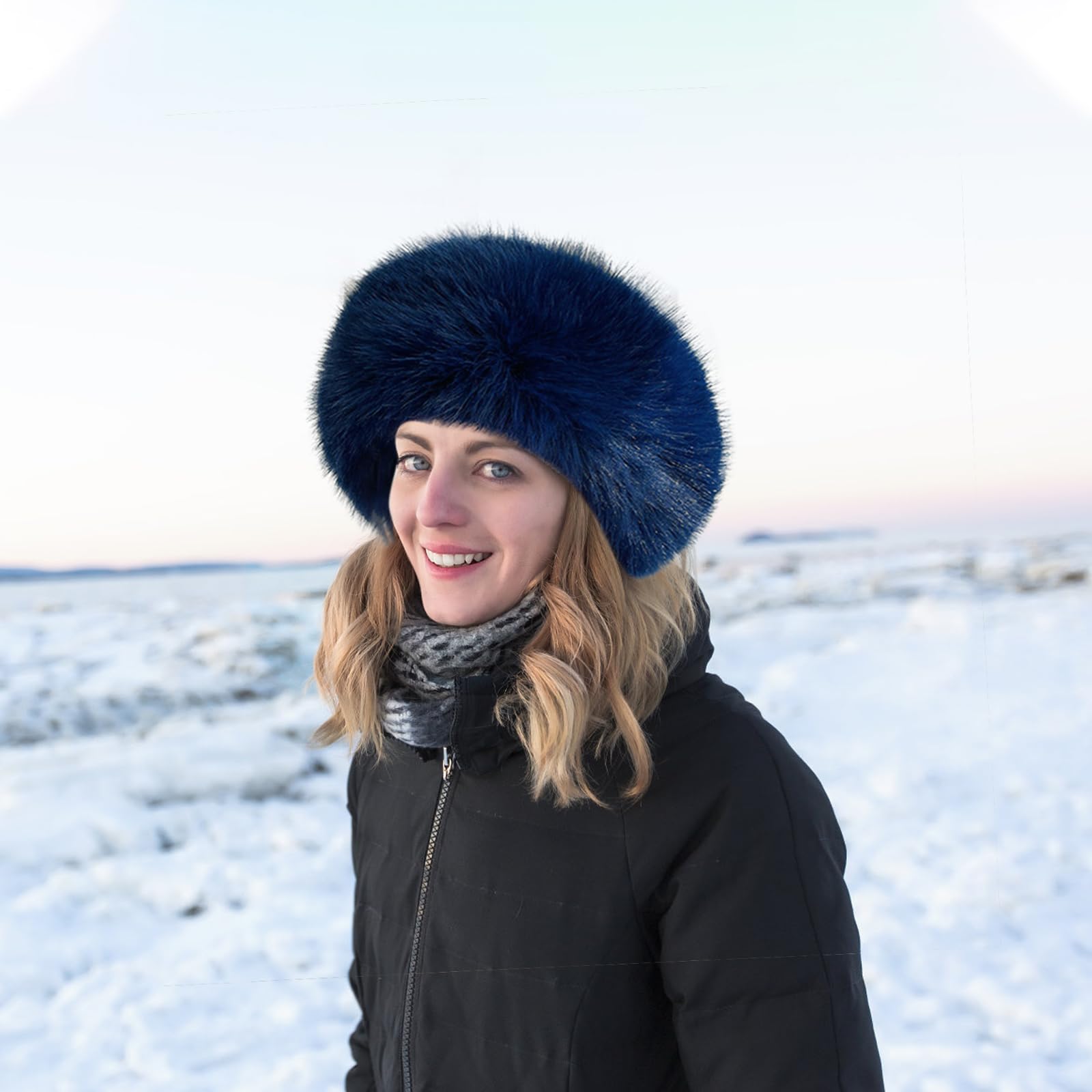 Blue Faux fur trimmed Panel Drawstring Hat winter Thick Furry Fluffy Faux Fur Bucket Hat Warm Fisherman Plush  main image 3