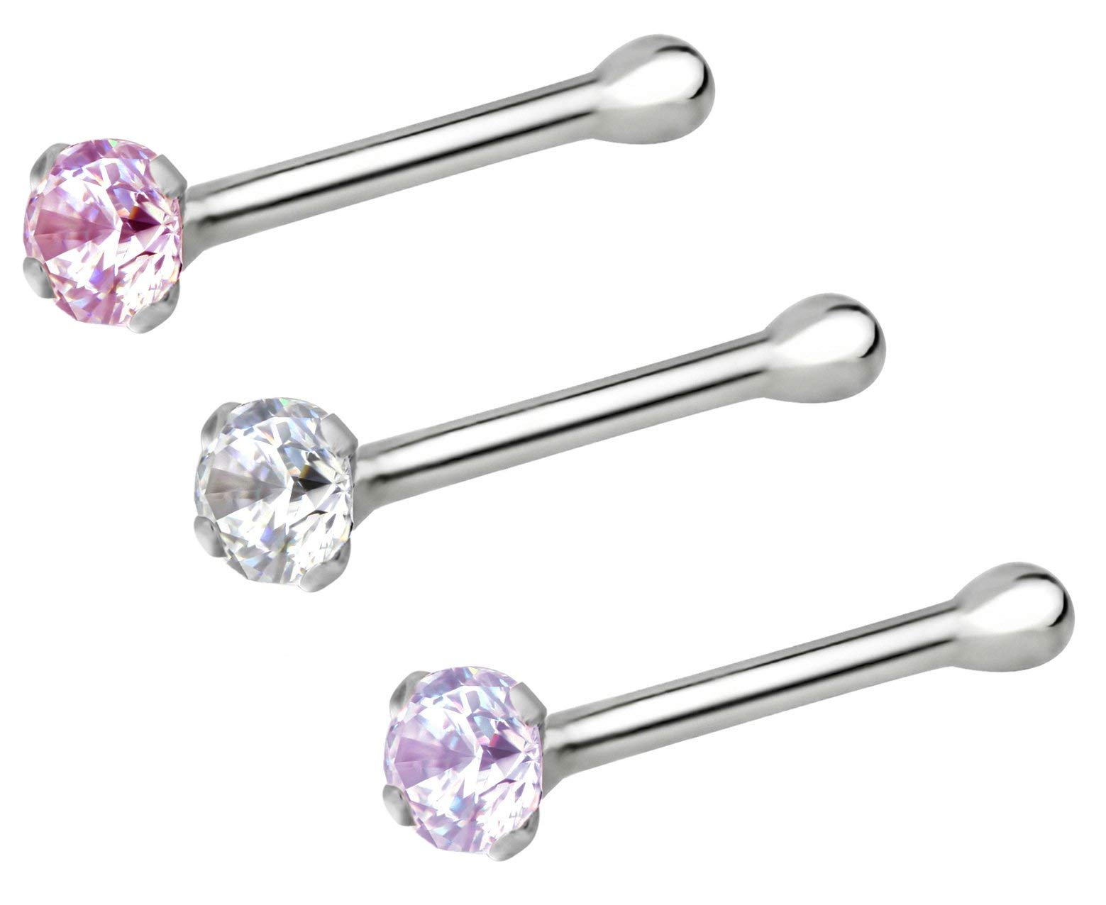 Forbidden Body JewelrySet of 3: 22g Sterling Silver CZ Simulated Diamond Micro Nose Studs (Clr/Rose/LP)
