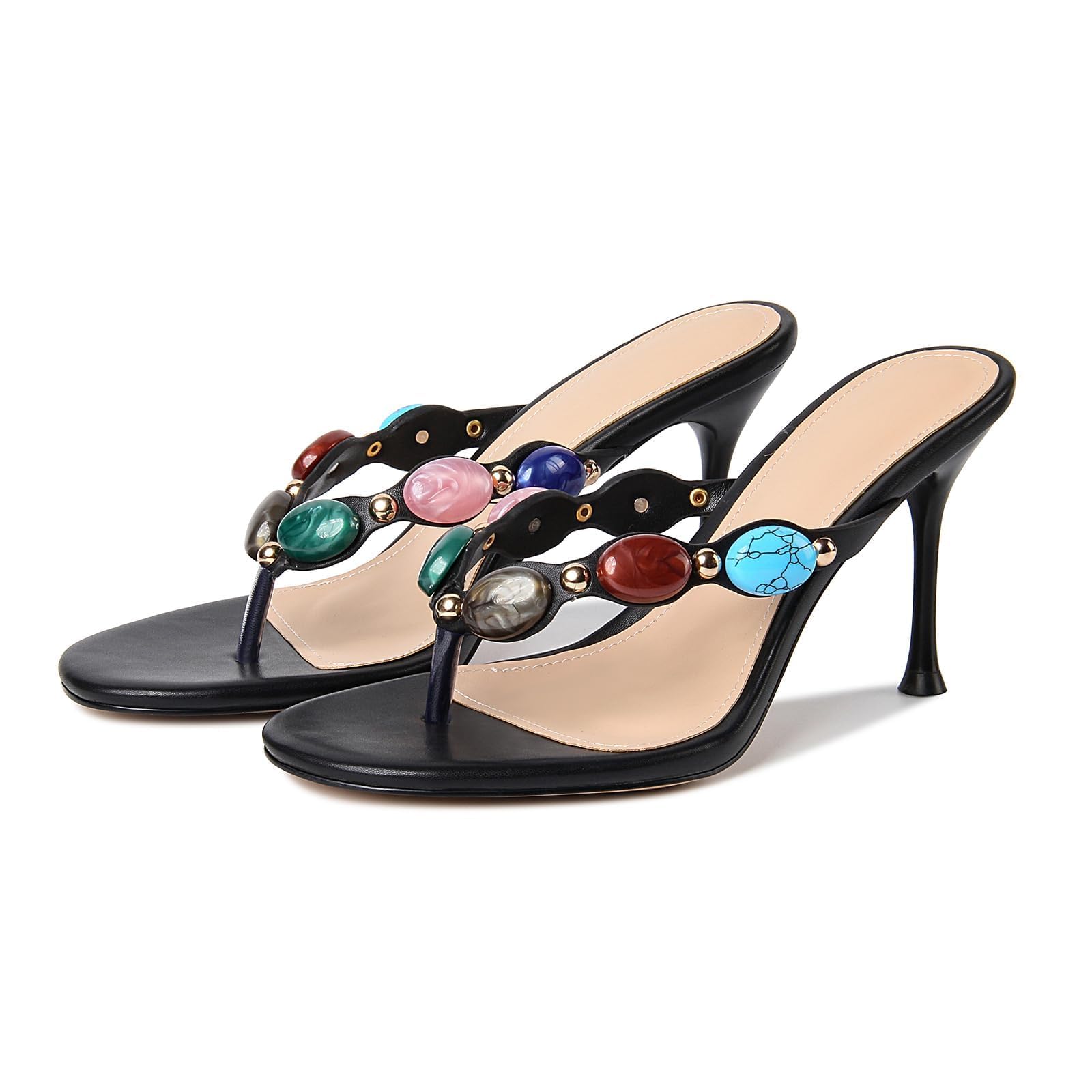 Womens Jeweled Heeled Sandals Beaded Flip Flop Summer Thong Heel