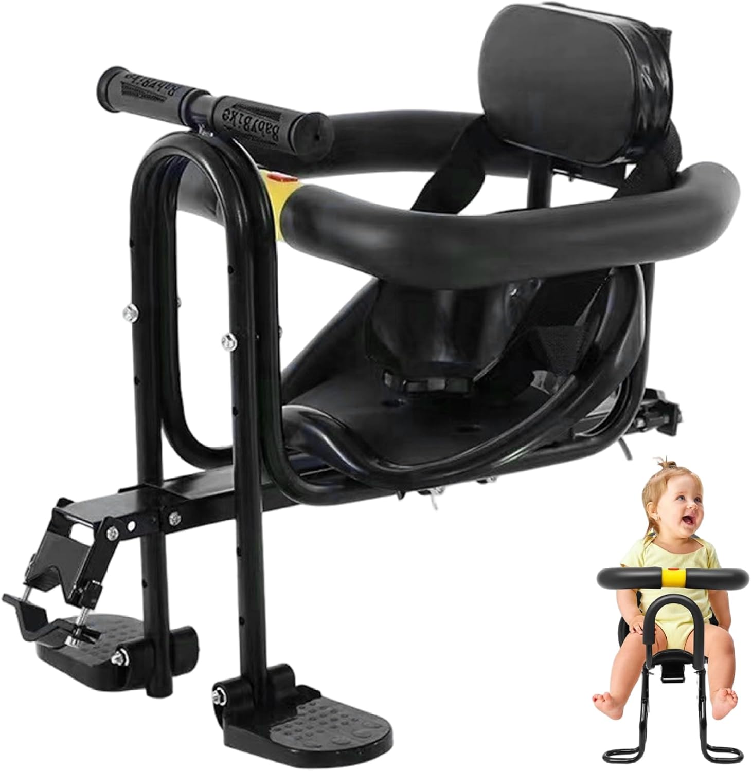 Child Bike Seat Front Mount Toddler Seat for Bike with Safety Belt, Backrest, Footrest & Handle for Children 2~5 Years.
