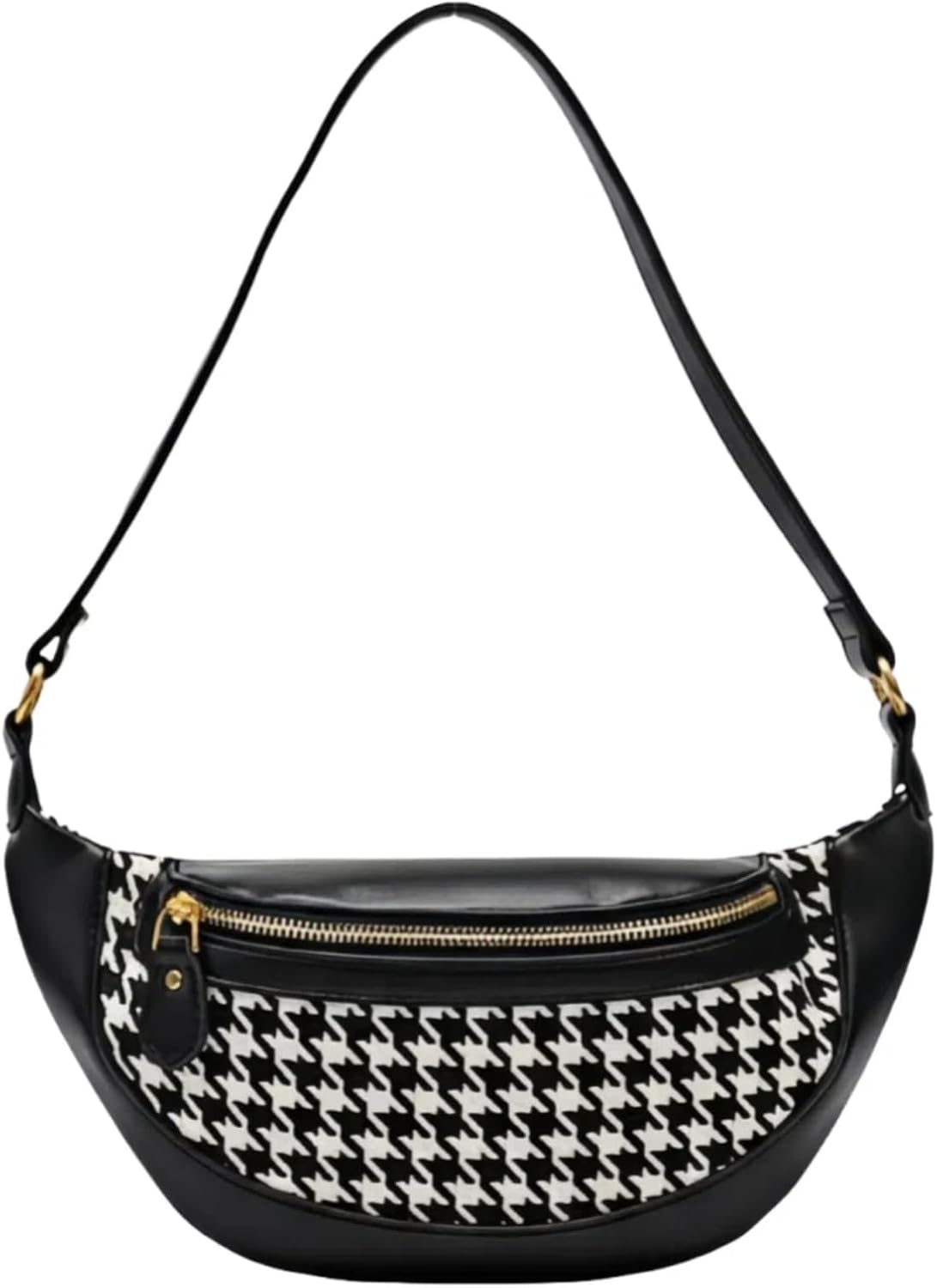 Houndstooth Crescent Shoulder Bag Women Retro PU Leather Trim Underarm Purse Casual Zipper Closure Crossbody Handbag Daily Travel Shopping