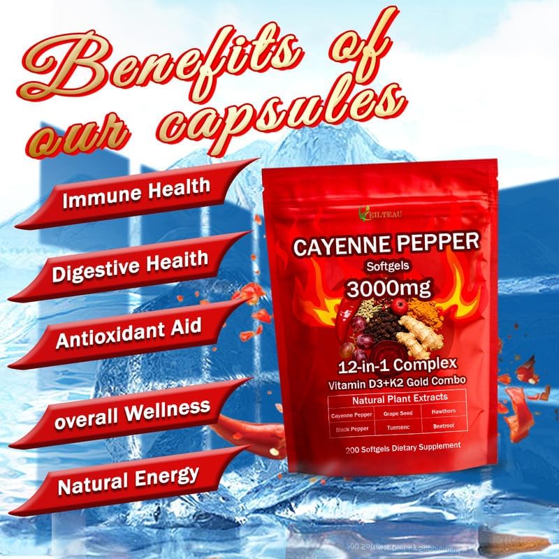 Miniatura 3 de Suplemento de cápsulas blandas de pimienta de cayena, apoya la salud de las venas de las piernas, el corazón y los vasos sanguíneos, con vitamina E
