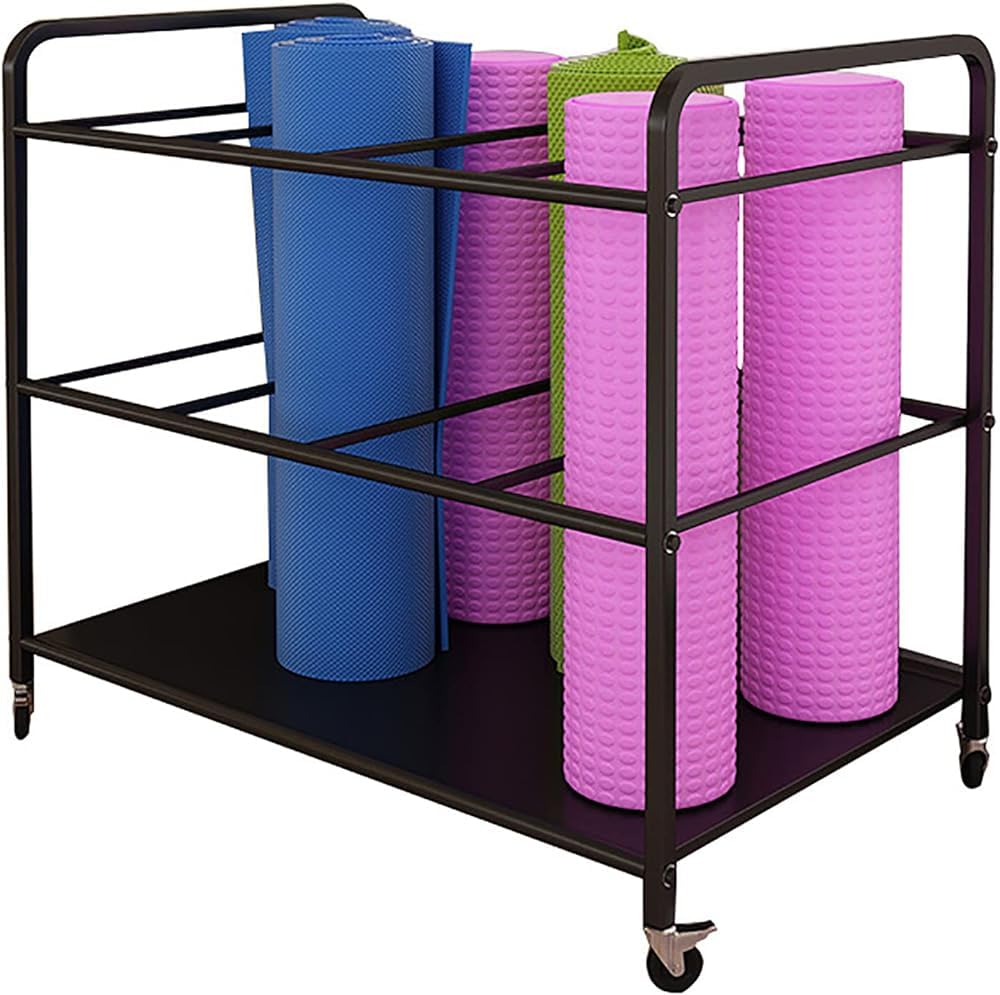 Soporte de metal para esterilla de yoga, estante de almacenamiento de 3 niveles y carrito
