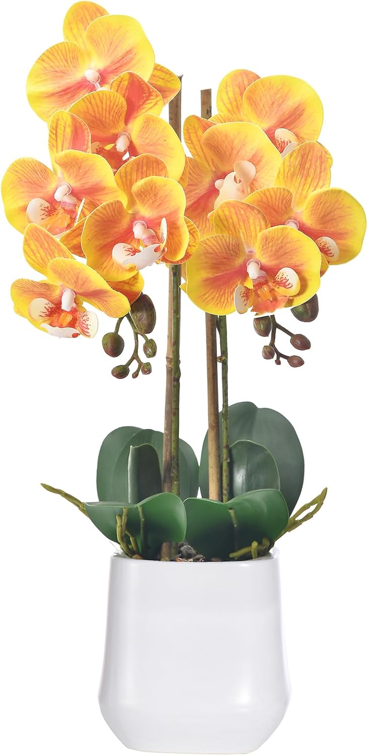 Fake Orchid Plant in White Rainbow Pot, Artificial Silk Phalaenopsis Orchid Flowers for Home Décor, Table Centerpiece, Office Desk (Orange)